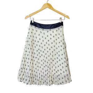Vtg Pleated Chiffon Cream Black Ribbon Print A-Line Skirt Small Preppy Coquette